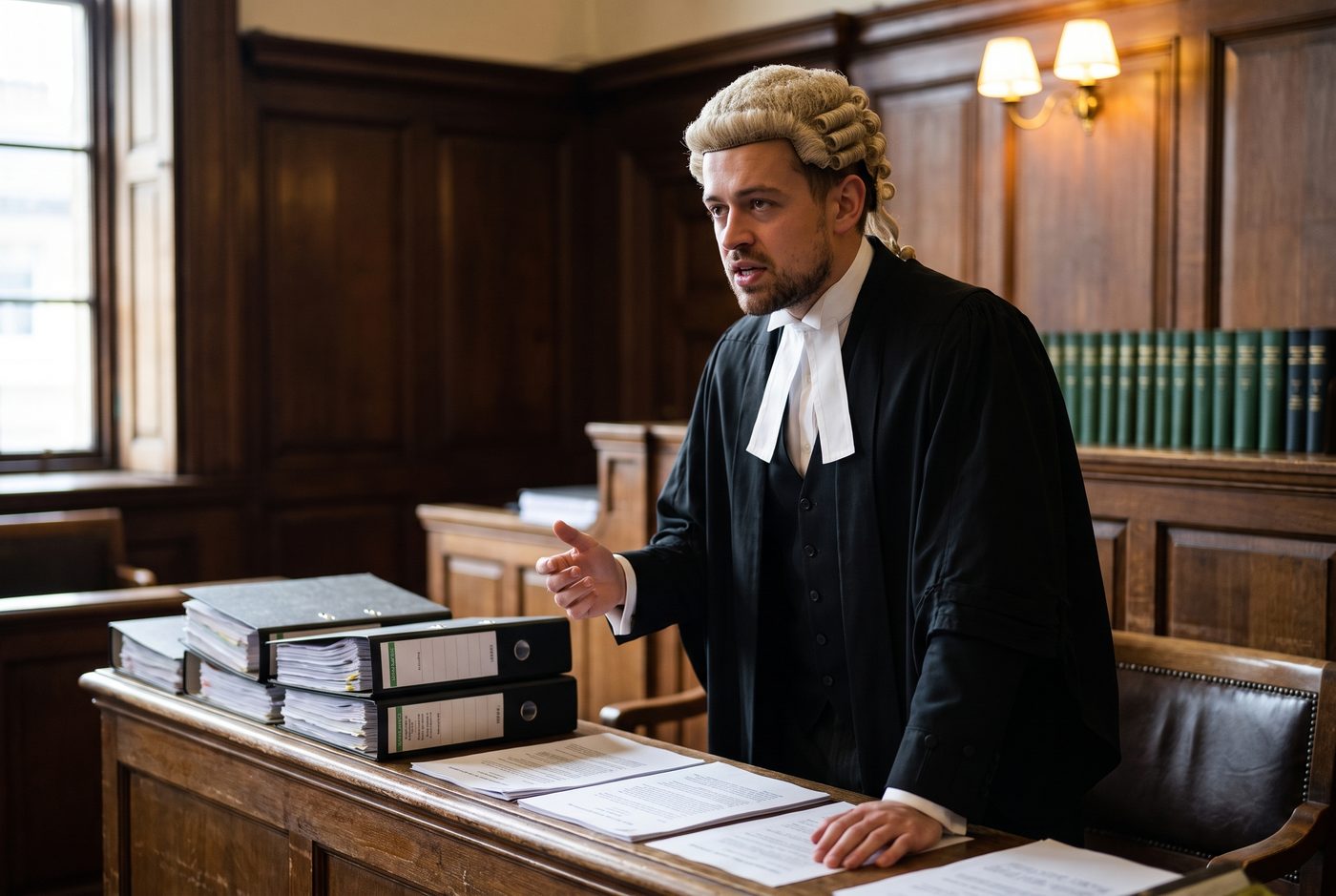 Callum Reid-Hutchings in wig and gown, on his feet in court